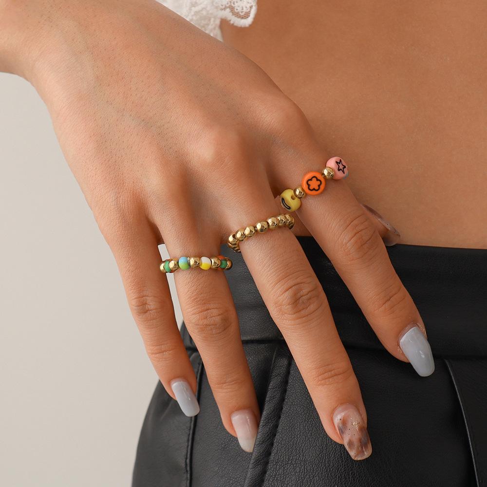 R751 Ethnic Color Hand Decoration Beaded Smiley Star Fashion Ring Set Personality Trendy Ring