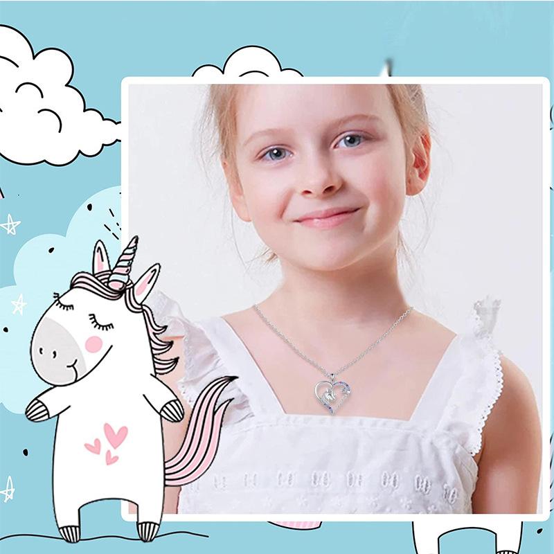 Love-shaped Unicorn Children's Pendant Necklace Female Cartoon Animal Rainbow Horse Ornament Gift