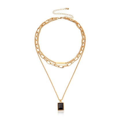 Jewelry Black Diamond Gemstone Pendant Chain Necklace Women's Fashion Street Shoot Multi-layer Trend Necklace