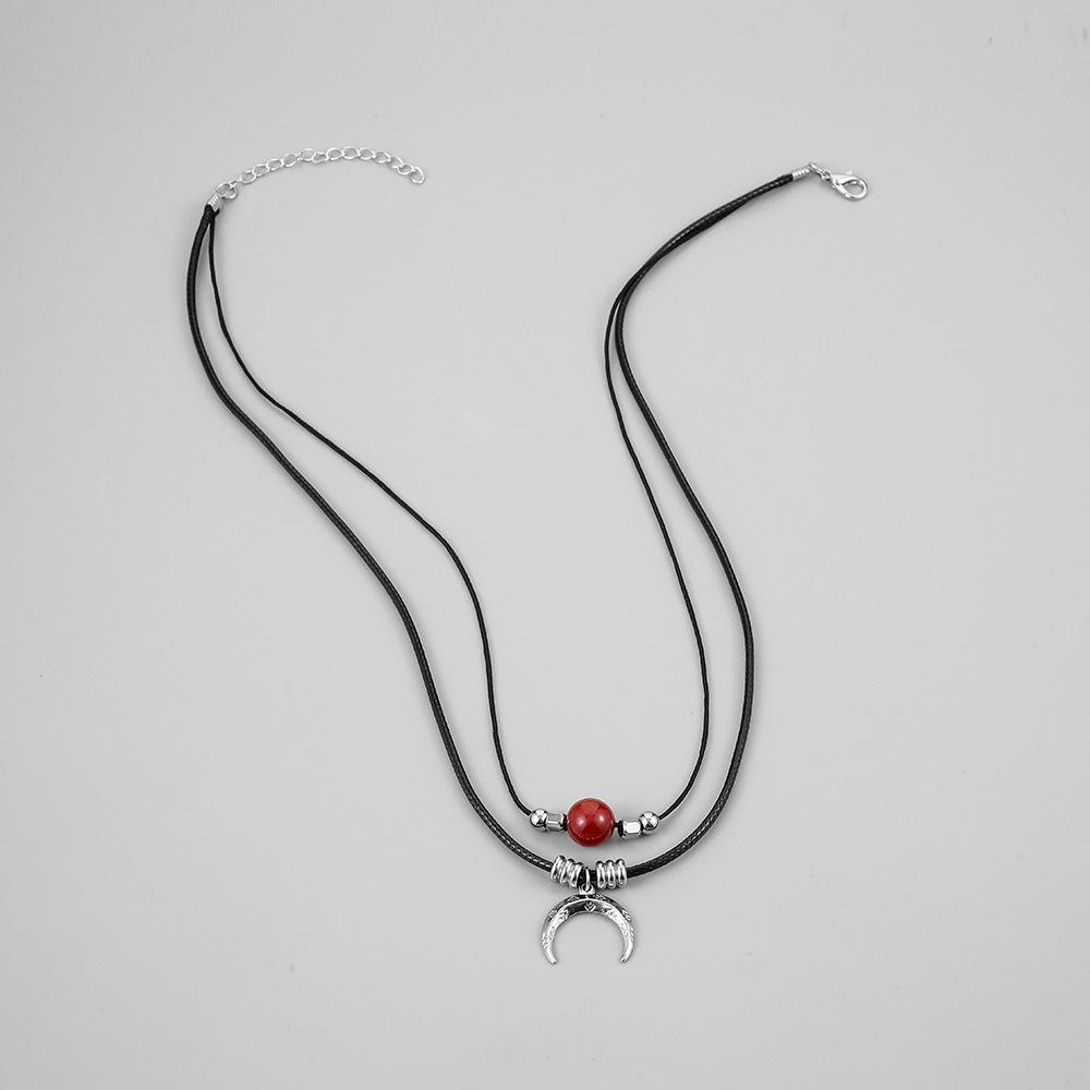 Trendy fashion independent design men's simple double layer red agate stainless steel moon wax rope necklace