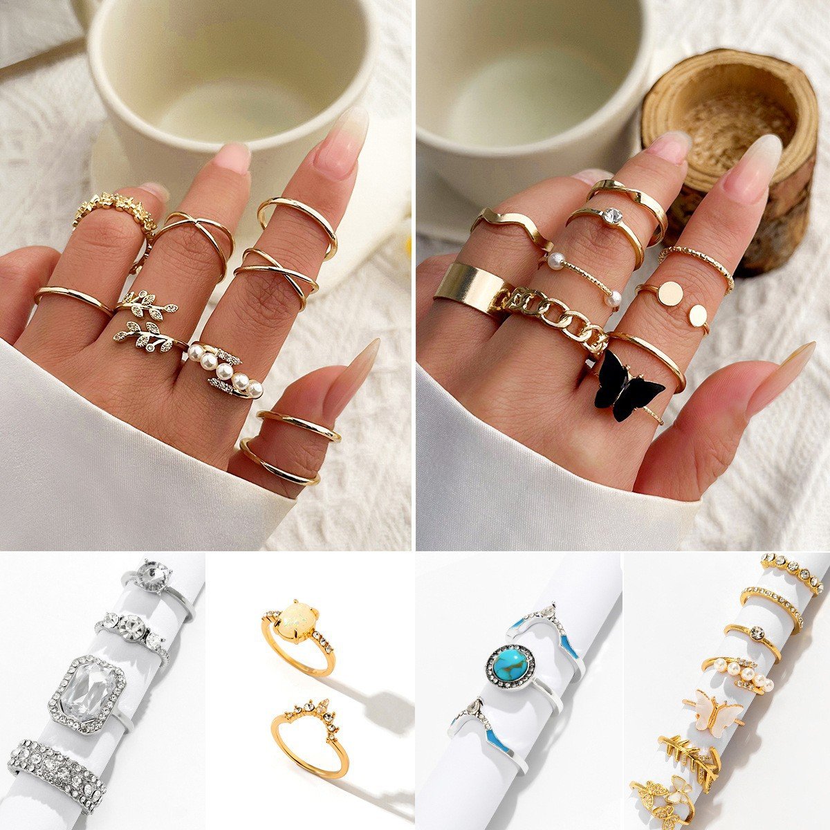 Jewelry Simple Mix and Match Turquoise Hand Jewelry Temperament Butterfly Geometric Micro-inlaid Diamond Ring Set Female