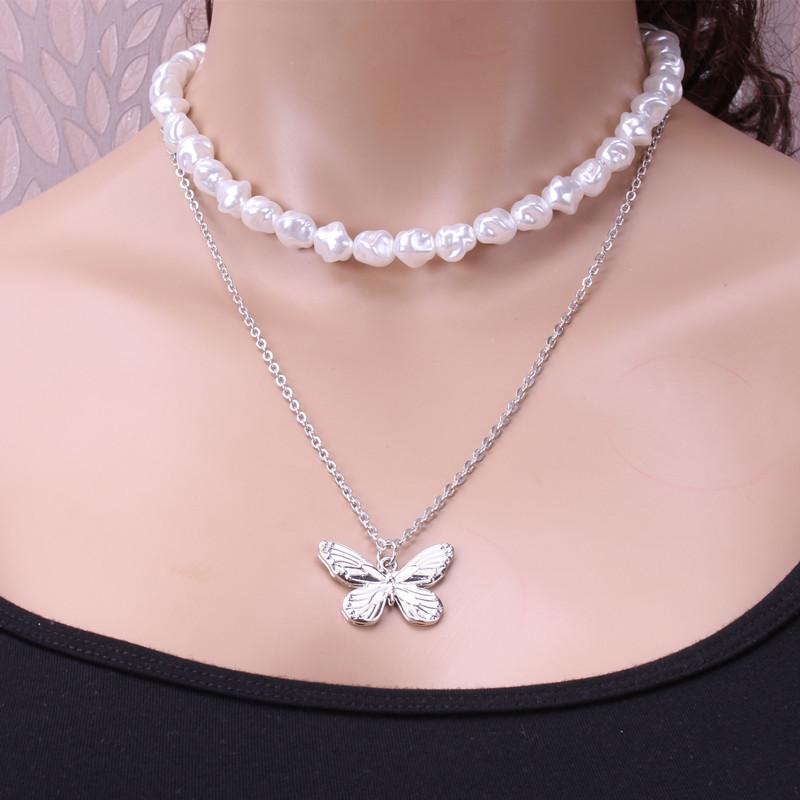 Jewelry personality female worker string Baroque pearl necklace temperament ins multi-layer butterfly necklace