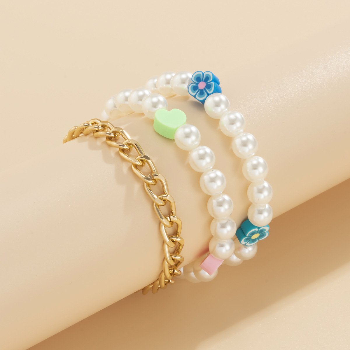 Jewelry Fashion Colorful Random Daisy Heart Bracelet Set Sweet Cool Imitation Pearl Chain Hand Ornaments