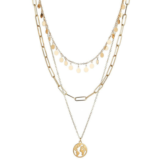 Simple Round Iron Clavicle Chain Necklace Fashion Retro Alloy World Map Pendant Multilayer Necklace