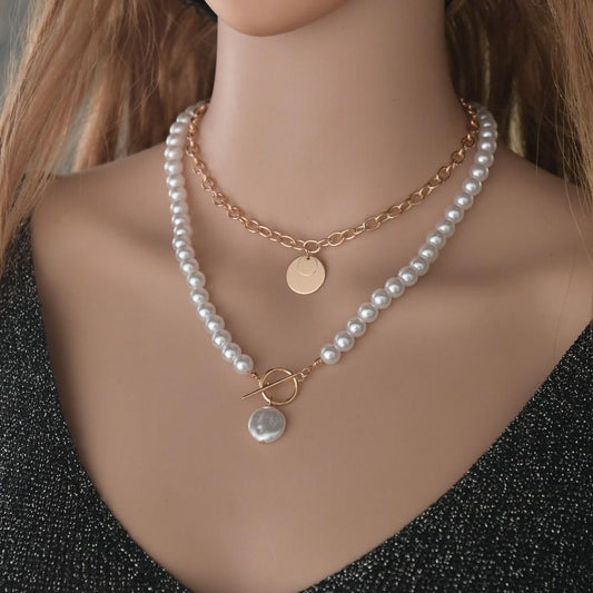 Simple Imitation Pearl Multilayer Necklace Retro Fashion Round Iron Pendant Necklace Accessories