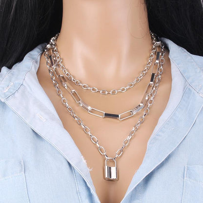 Niche design sense padlock necklace trend ins hip-hop versatile personality pendant multi-layer chain