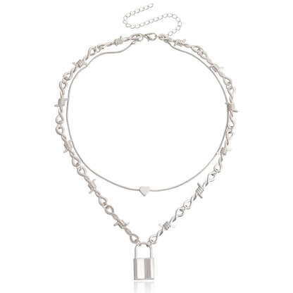 Jewelry punk love padlock pendant necklace female ins double snake bone chain niche design sense
