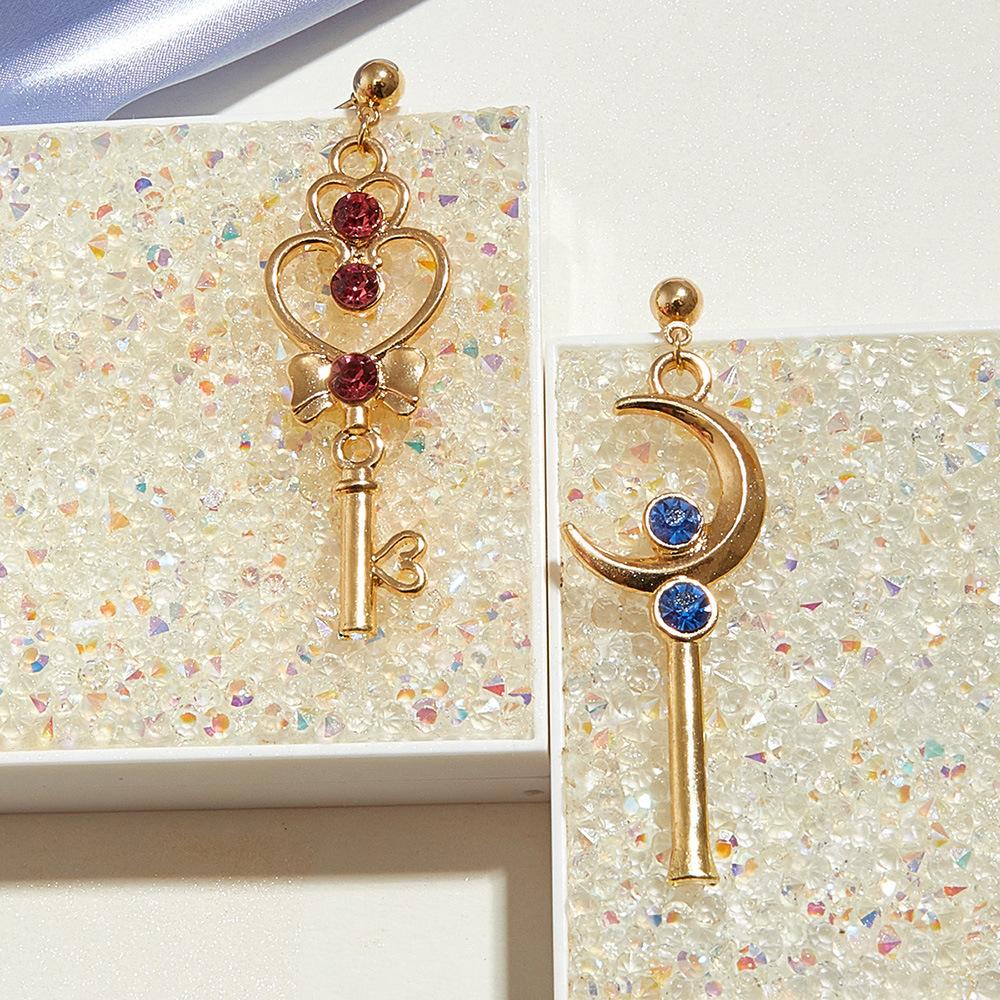 E7131 Creative Sailor Moon Earrings Fashion Color Diamond Moon Key Left and Right AB Style Earrings