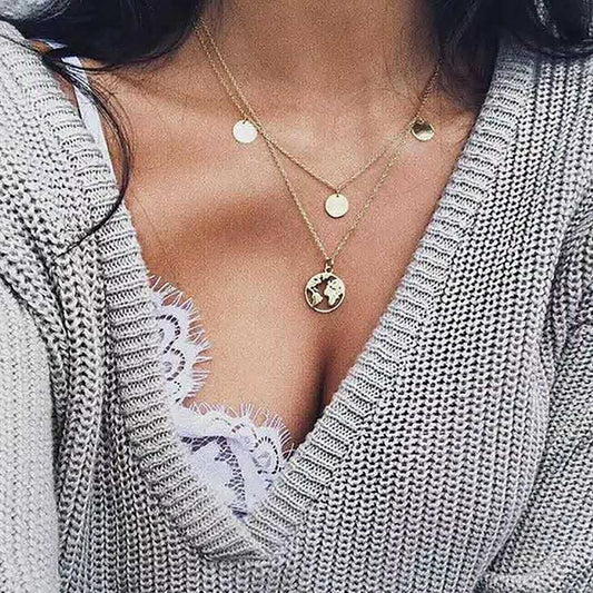 Frosty Metal Multilayer Necklace Female Simple Long Section Personality Cross Moon Clavicle Chain Pendant