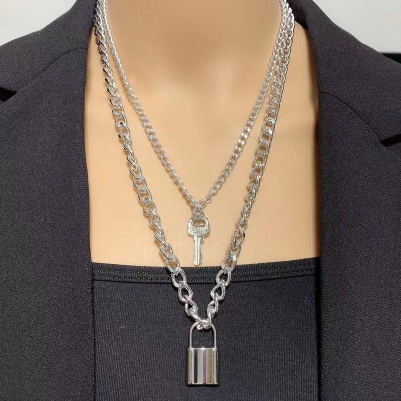 Personality Simple Retro Key Lock Pendant Necklace Punk Jewelry Multilayer Hip Hop Necklace Female