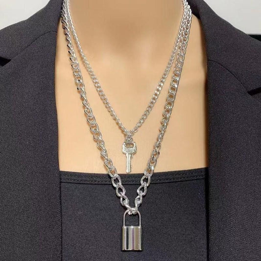 Personality Simple Retro Key Lock Pendant Necklace Punk Jewelry Multilayer Hip Hop Necklace Female