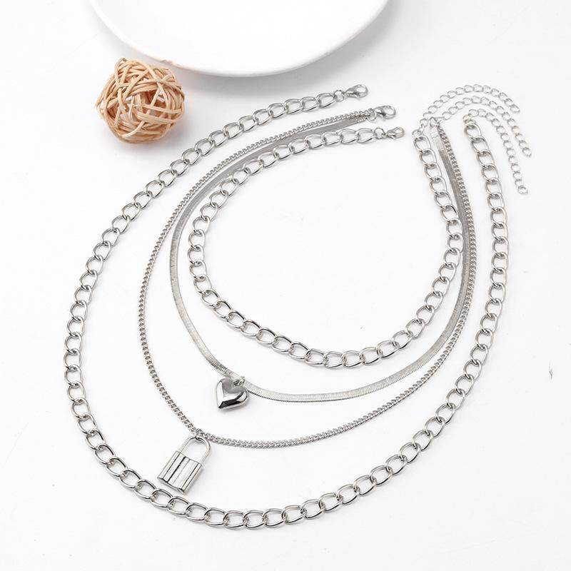 Jewelry Retro Versatile Multi-layer Peach Heart Glossy Trendy Alloy Padlock Necklace Three-piece Set