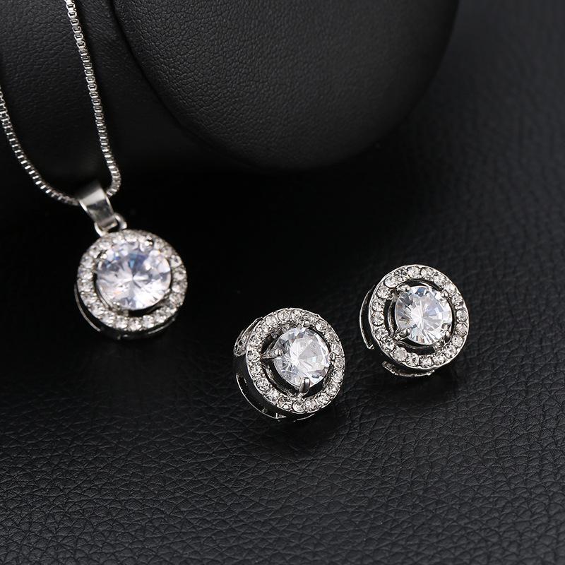 Classic Noble Fashion Jewelry Temperament Necklace Earrings Two-piece Set Round Zircon Set Earrings Necklace