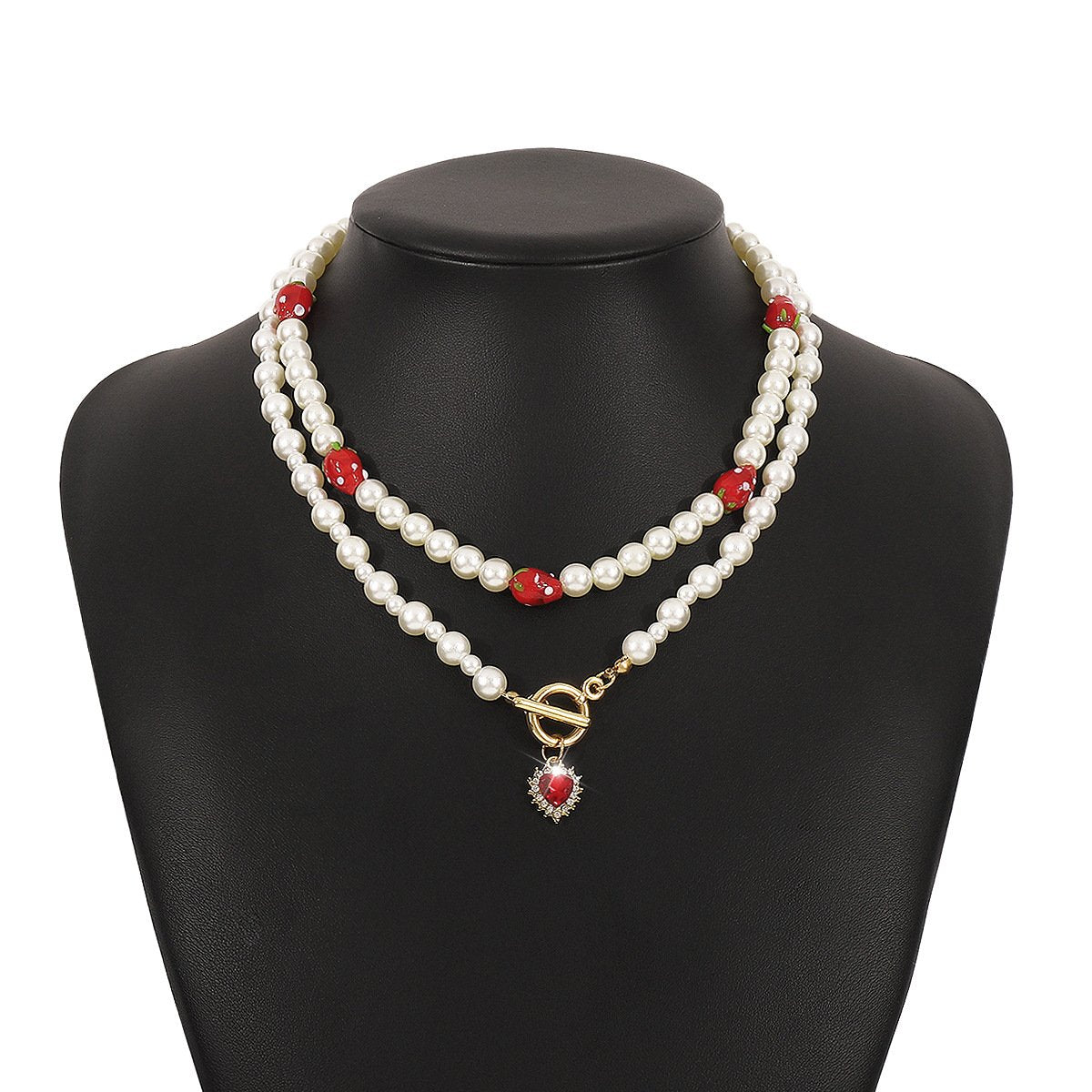 N1389 Holiday Color Necklace Imitation Pearl Ceramic Strawberry Lovely Necklace Heart Micro-inlaid Necklace