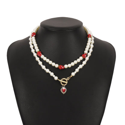 N1389 Holiday Color Necklace Imitation Pearl Ceramic Strawberry Lovely Necklace Heart Micro-inlaid Necklace