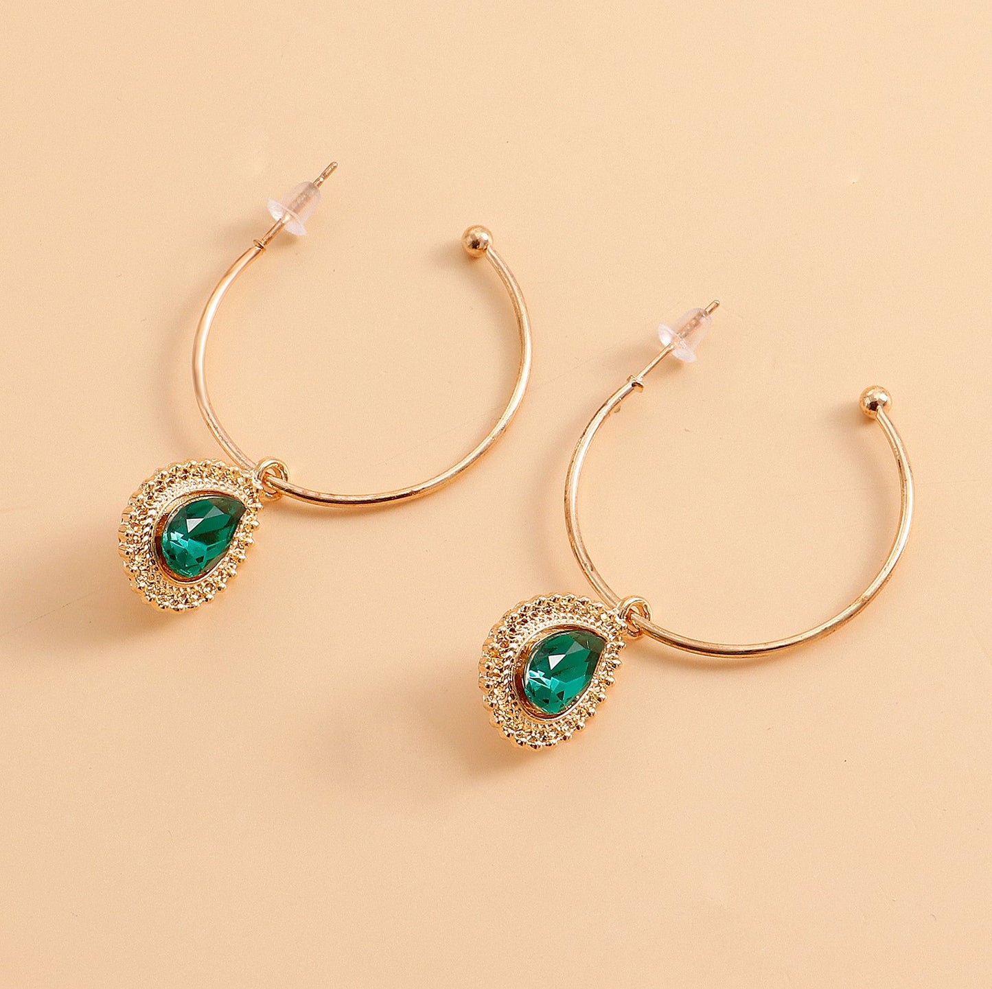 Jewelry ins trend C-shaped large ring imitation green agate pendant earrings female fashion temperament earrings