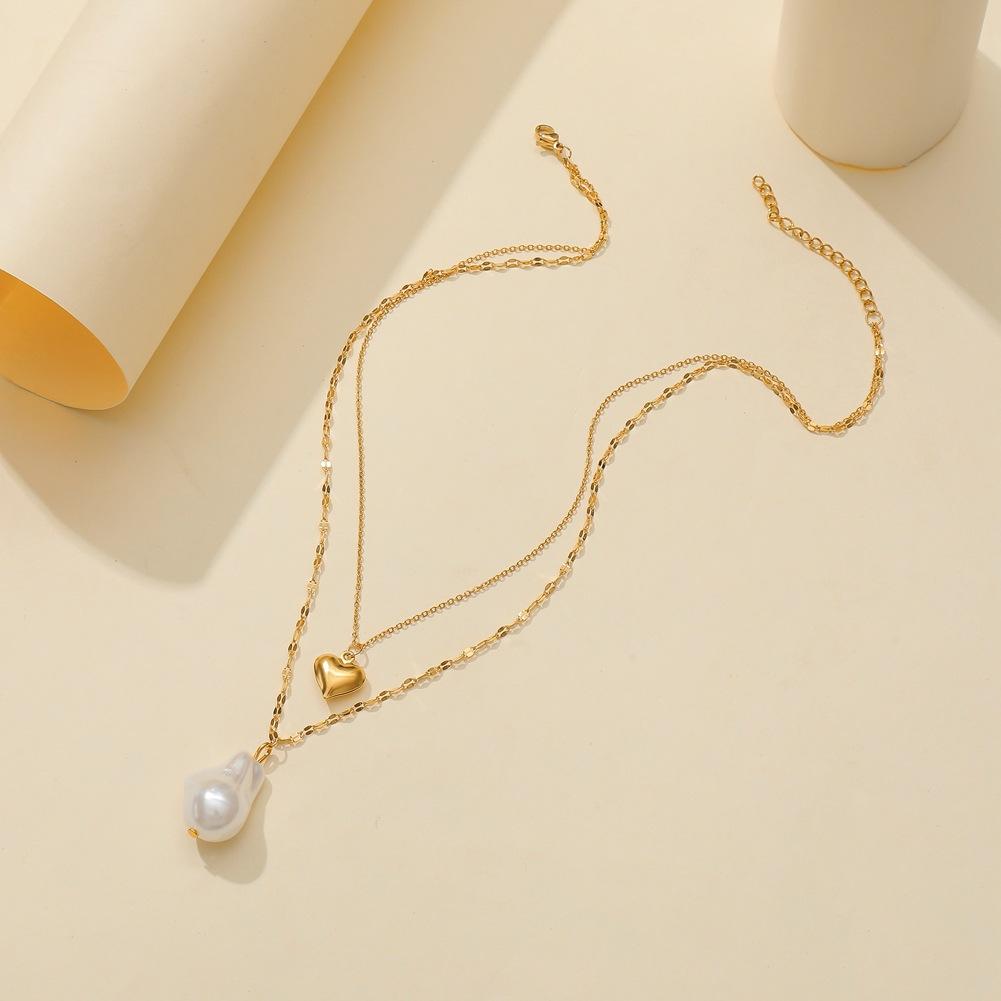 Ins popular baroque special-shaped pearl pendant fashion titanium steel real gold heart necklace double necklace