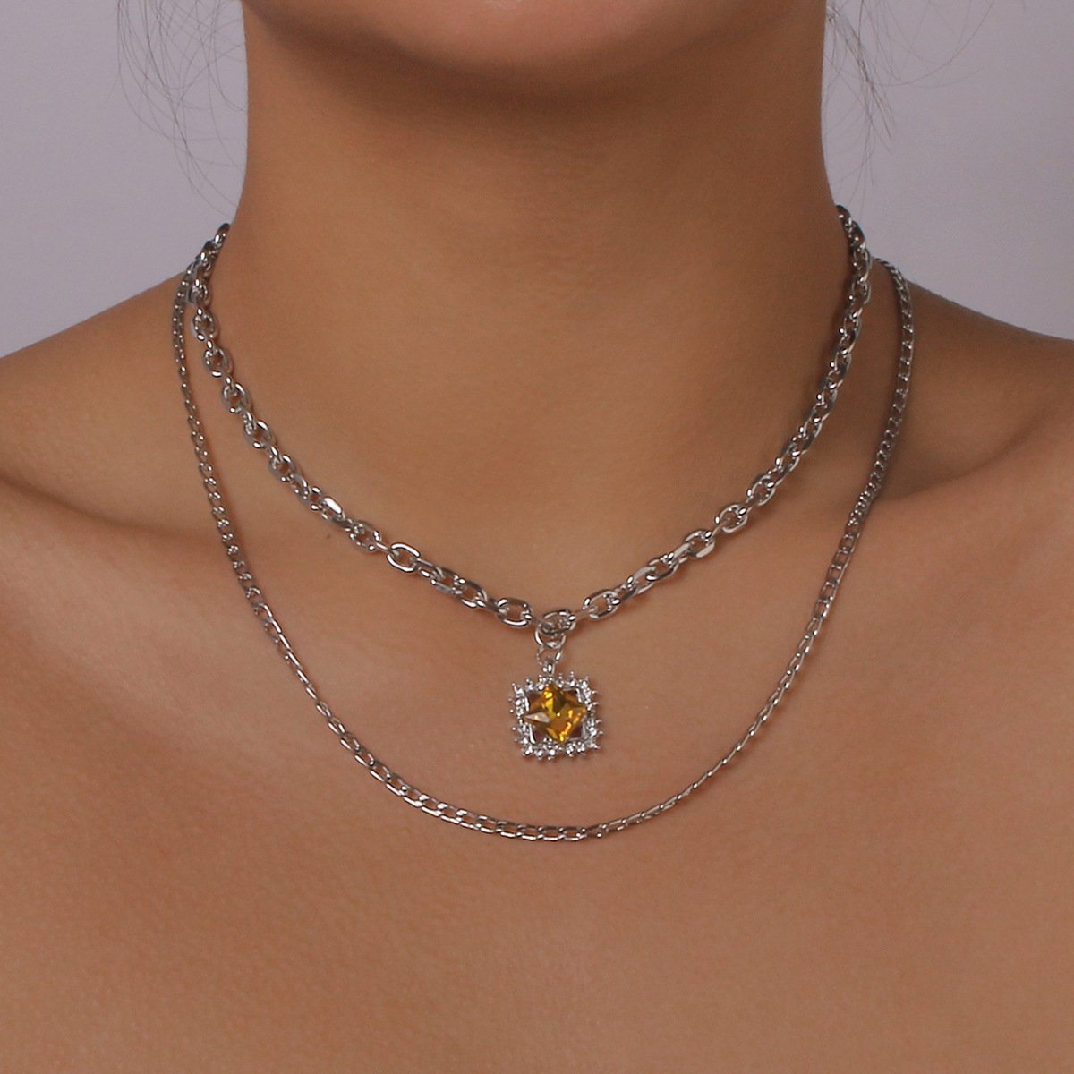 N129 Double Stacked Necklace Square Rhinestone Exaggerated Chain Necklace French Light Luxury Simple Necklace