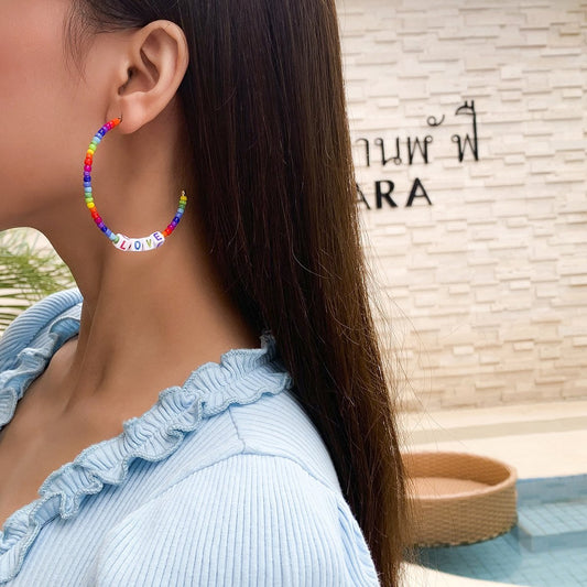 Bohemia Vacation Colorful Rice Beads C Shape Earrings Female Simple Alphabet Geometric Earrings