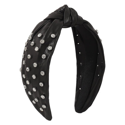F5116 Exaggerated Heavy Industry Leather Rhinestone Headband Creative Personality Pure Color Knotted Fashion Light Luxury Headband