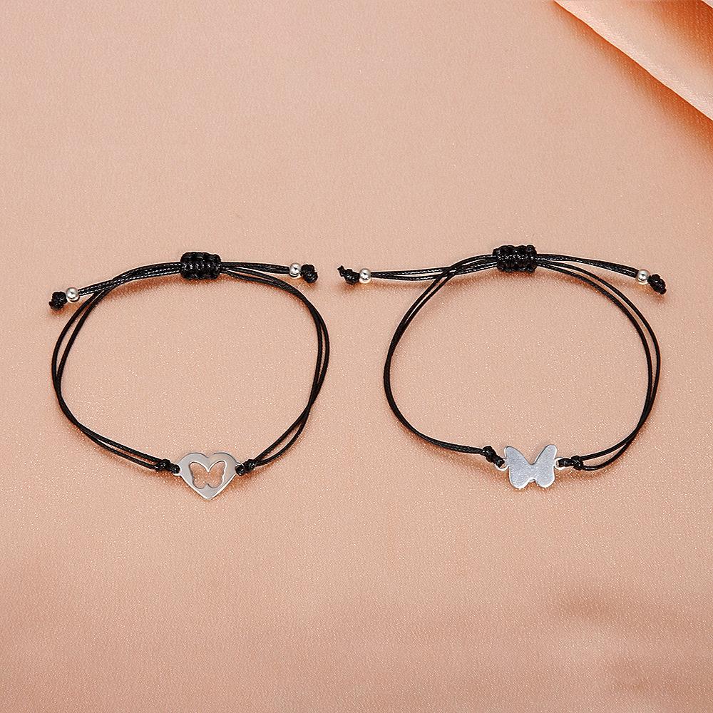 Stainless Steel Hollow Bracelet Set Adjustable Sun Moon Butterfly Braided Couple Bracelet