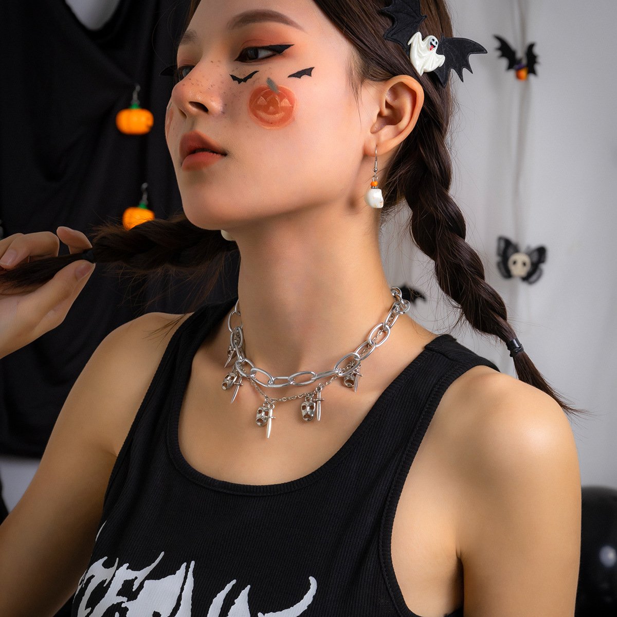 Jewelry Punk Gothic Mask Dagger Tassel Necklace Female Personality Retro Cross Chain Necklace