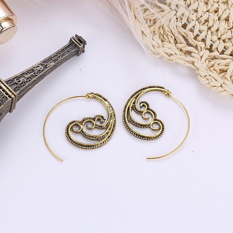 Vintage Spiral Earrings Fashion Ethnic Exaggerated Swirl Gear Earrings Metal Distressed Earrings