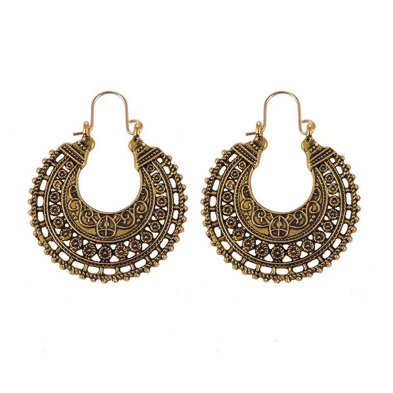 Bohemian Ethnic Retro Hollow Carved Earrings Half Round Trendy Alloy Pattern Earrings