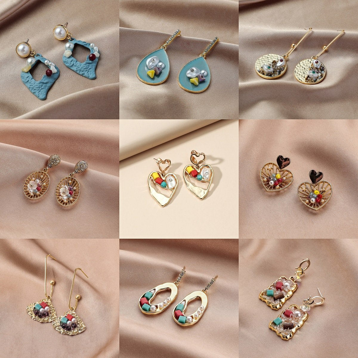 Geometric Pearl Color Gravel Earrings Heart Hollow Ear Studs Retro Temperament Fashion Trendy Earrings