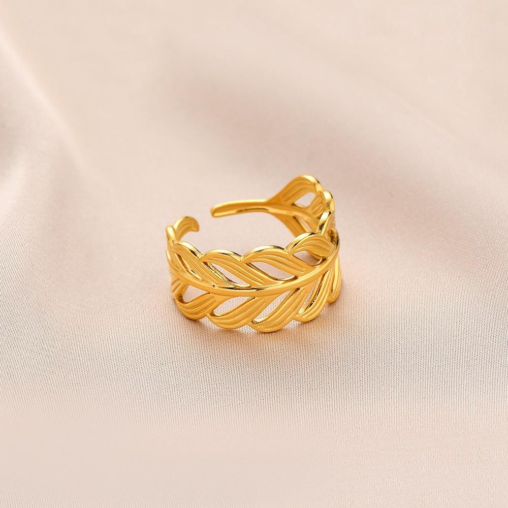 Fashion personality adjustable love stainless steel open ring simple feather leaf heart-shaped ring jewelry