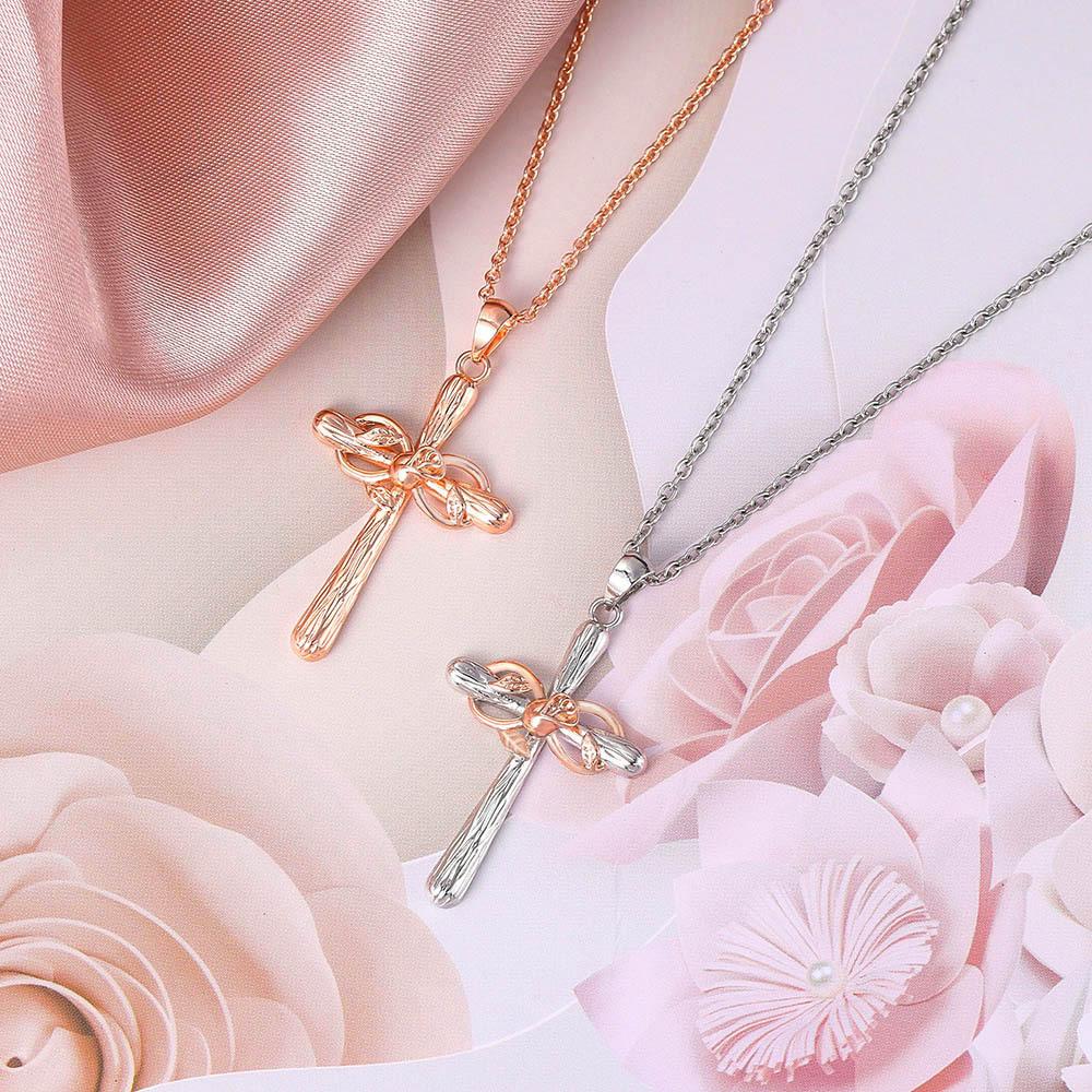 Women's Fashion Religious Belief Cross Rose Gold Flower Lucky Figure 8 Pendant Necklace