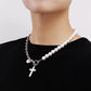 Jewelry Stitching Chain Imitation Pearl Cross Fritillary Pendant Necklace Sweater Necklace Women