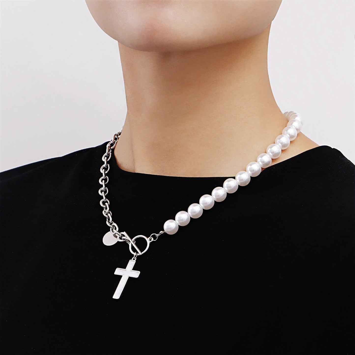 Jewelry Stitching Chain Imitation Pearl Cross Fritillary Pendant Necklace Sweater Necklace Women