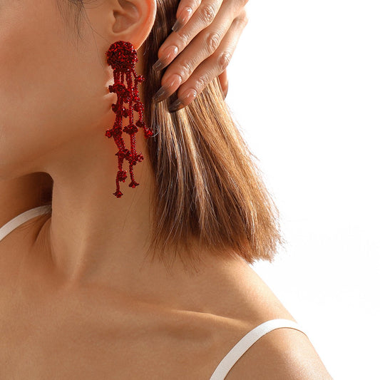 E199 Niche Beaded Design Sense Fashion Earrings Rice Beads Resin Flower Long Tassel Earrings Women