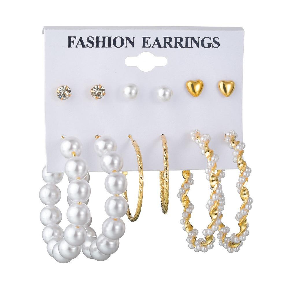 Fashion exaggerated pearl hoop earrings accessories 6 pairs heart diamond stud earrings set