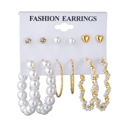 Fashion exaggerated pearl hoop earrings accessories 6 pairs heart diamond stud earrings set