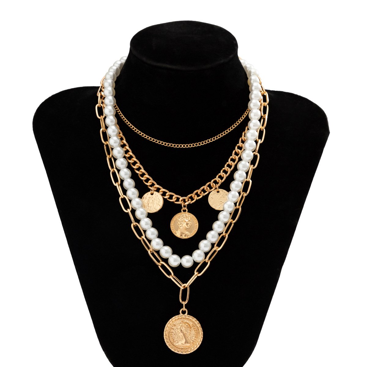 Jewelry temperament imitation pearl portrait multi-layer tassel necklace female retro beaded chain necklace