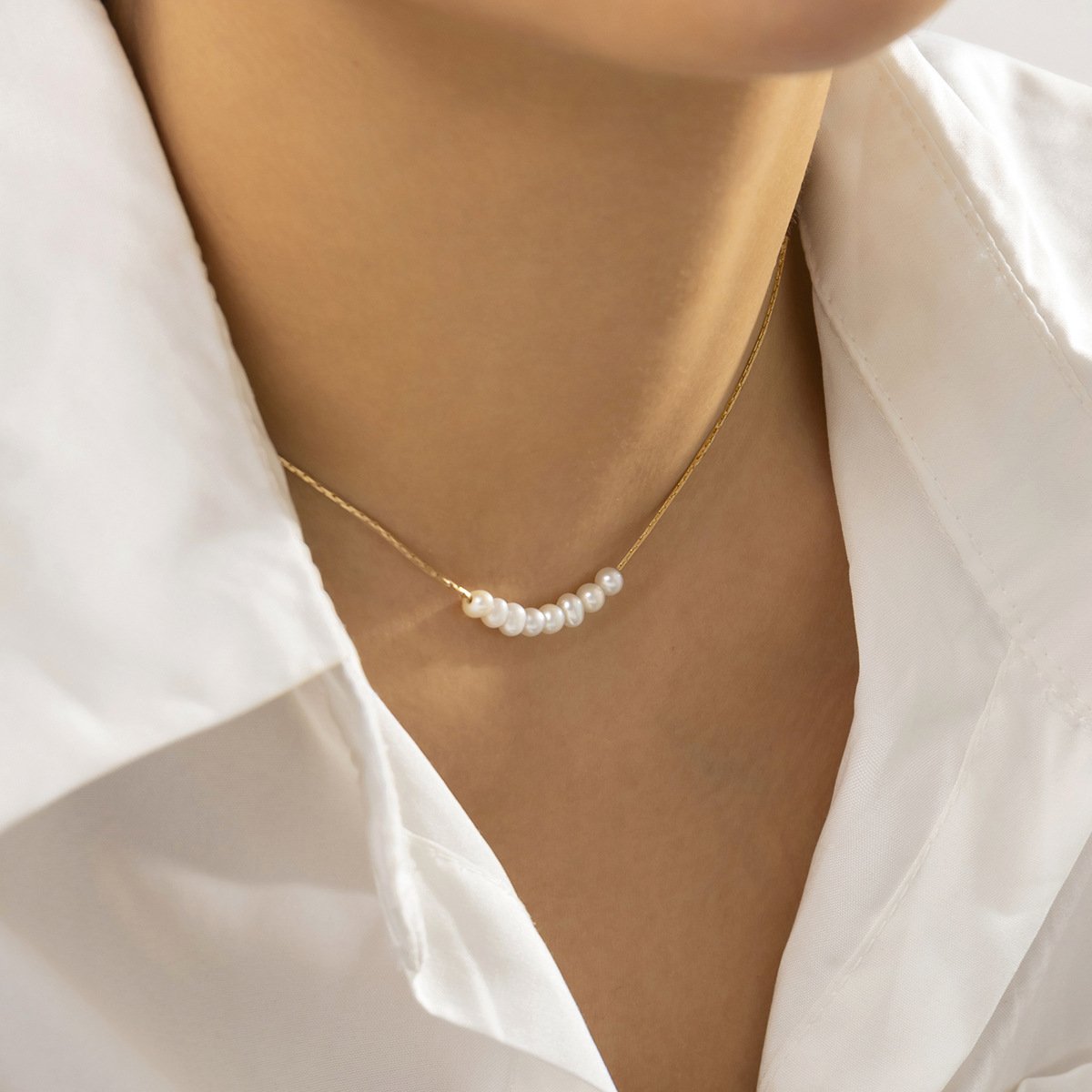 Jewelry French Vintage Metal Thin Chain Necklace Frosty Simple Imitation Pearl Beaded Collar
