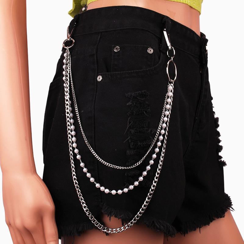 Hip Hop Punk Body with Fashion Pearl Waist Chain Personality Pop Multilayer Metal Jeans Chain