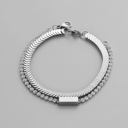 Punk Temperament Fashion Simple Personality Men's Stainless Steel Double Layer Full Diamond Chain Bracelet Jewelry