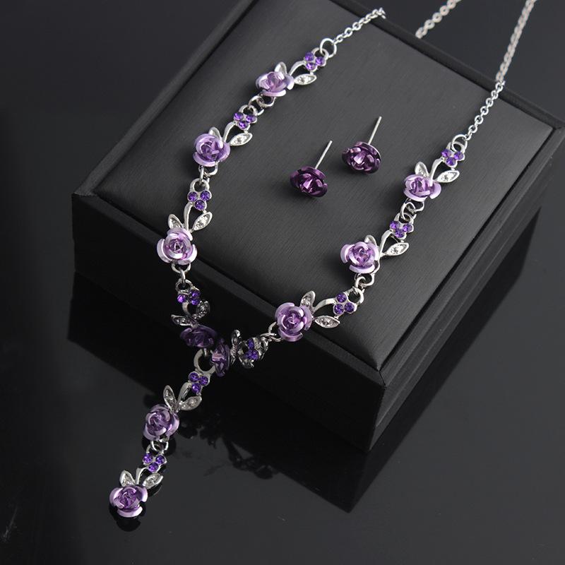 Fashion Simple Flower Necklace Earring Set Paint Flower Pendant Bridal Accessories