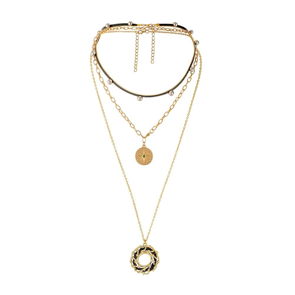 Personalized rivet leather rope necklace trendy hexagram coin pendant three-layer punk necklace