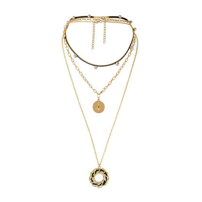 Personalized rivet leather rope necklace trendy hexagram coin pendant three-layer punk necklace