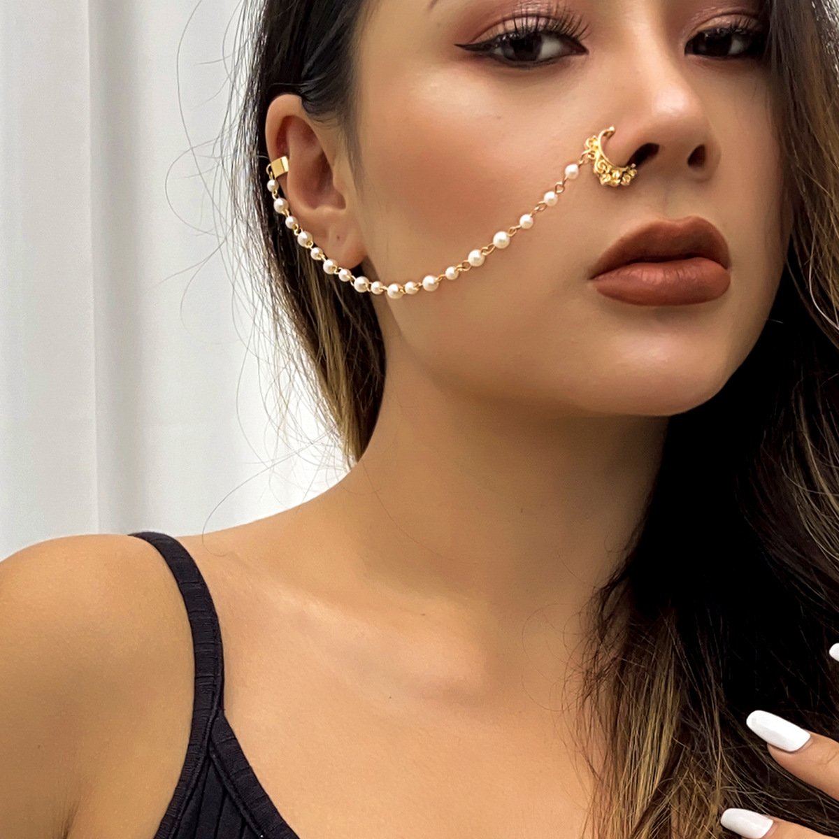 Jewelry Sweet Cool Punk Piercing Jewelry Imitation Pearl Butterfly Tassel Chain Ear Stud Nose Clip Female
