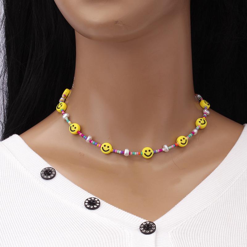 Handmade smiley face beaded necklace niche design ins cold net red same style