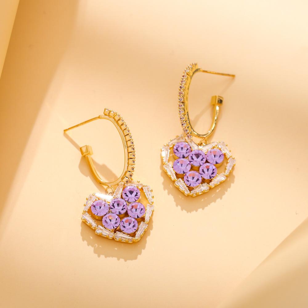 Personality trend heart-shaped zircon temperament purple earrings fashion high-end peach heart temperament earrings for women
