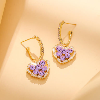 Personality trend heart-shaped zircon temperament purple earrings fashion high-end peach heart temperament earrings for women