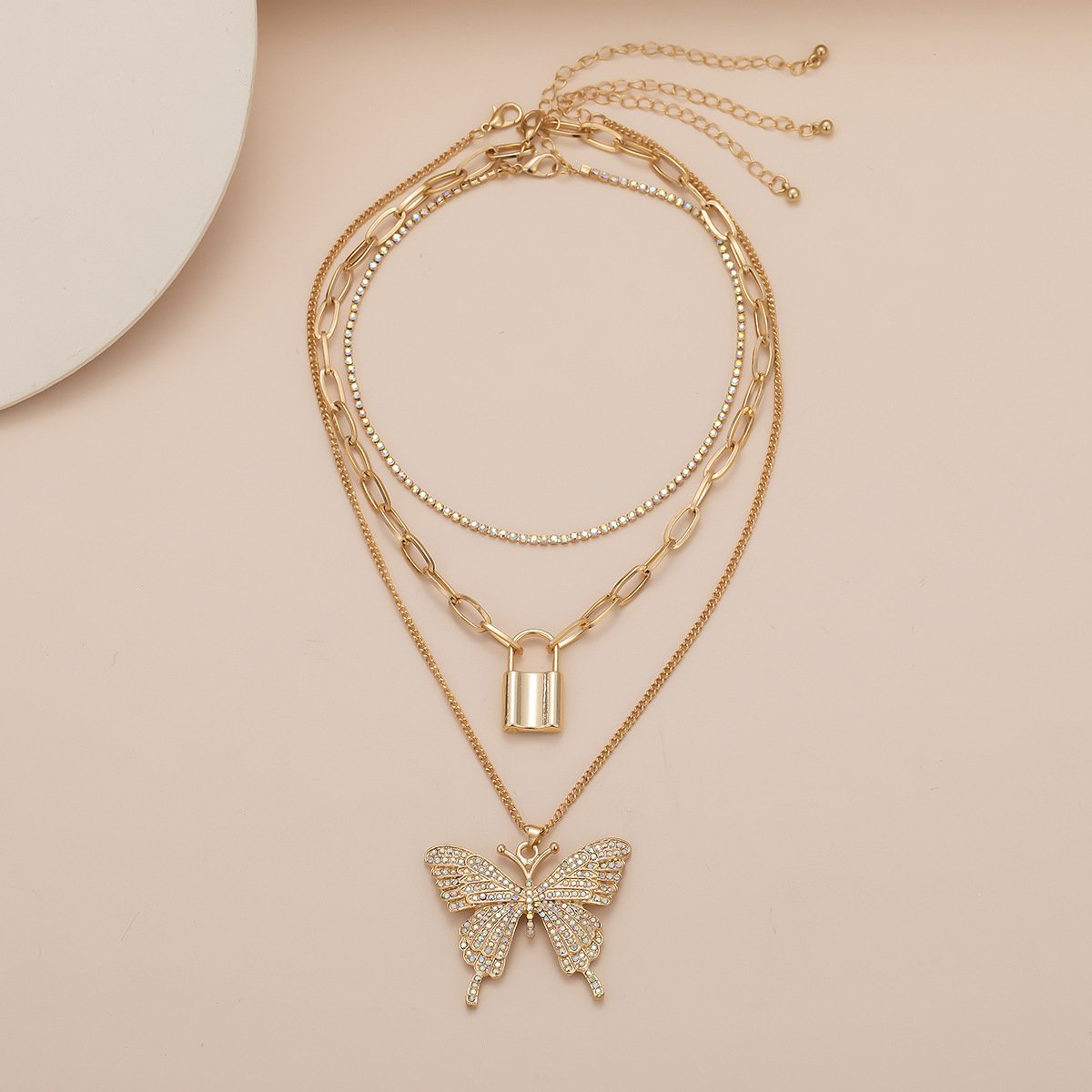 Jewelry Retro Geometric Lock Shape Simple Chain Multilayer Necklace Big Butterfly Micro-inlaid Set