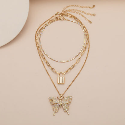 Jewelry Retro Geometric Lock Shape Simple Chain Multilayer Necklace Big Butterfly Micro-inlaid Set