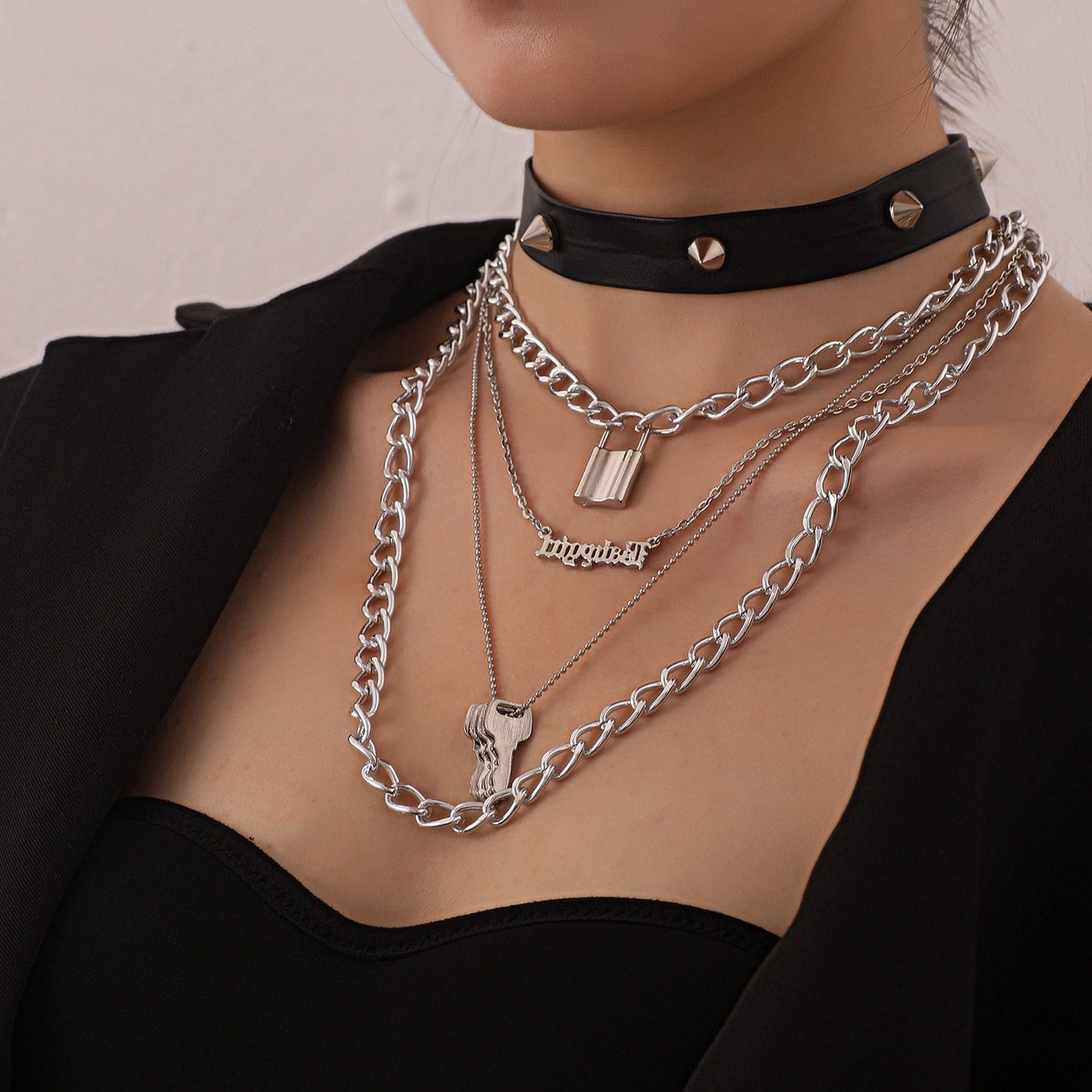 Jewelry PU leather punk rivet multi-layer necklace ladies English letter lock pendant necklace